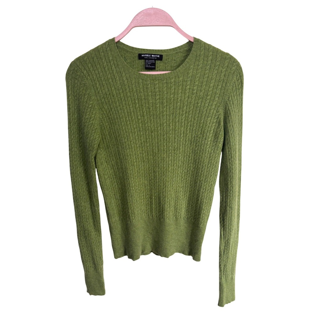 Mariele Waithe Green 100% Cashmere Cable Knit Crew Neck Sweater Womens Sz L
